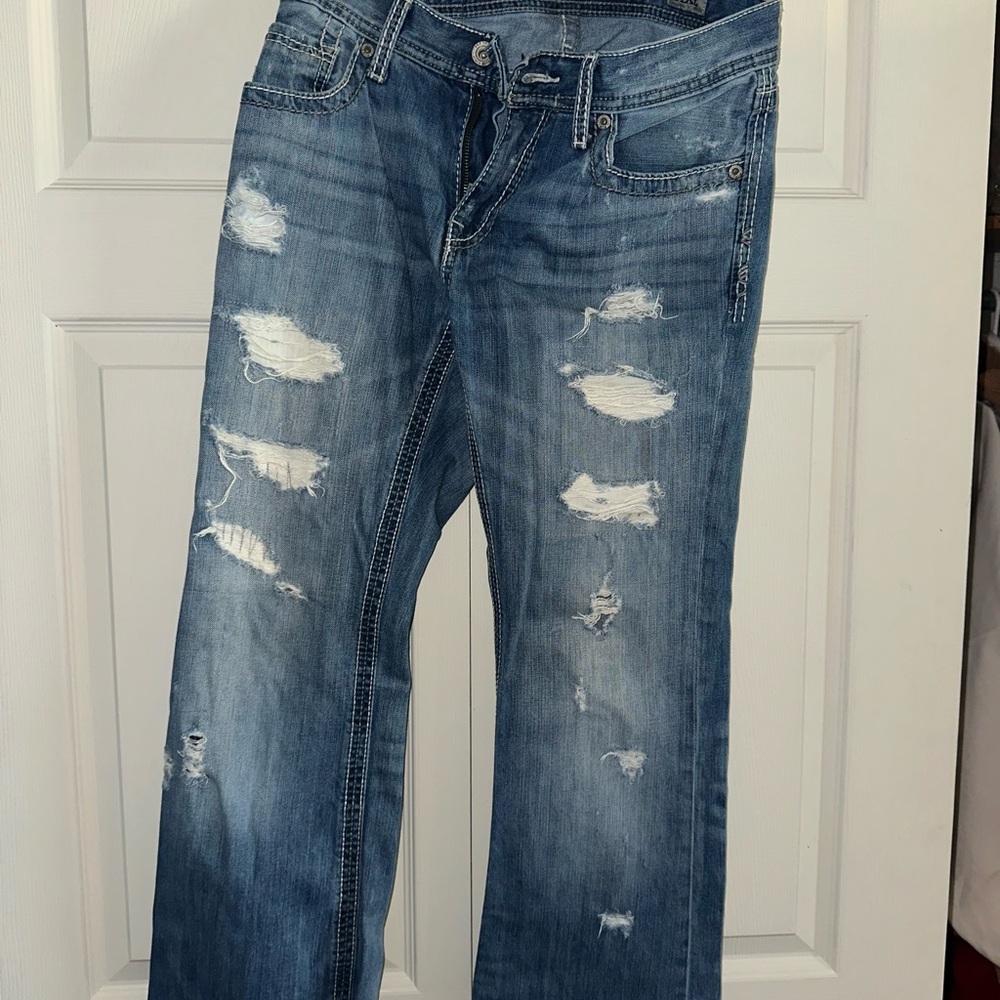 BKE Light Blue Distressed Straight Leg Jeans